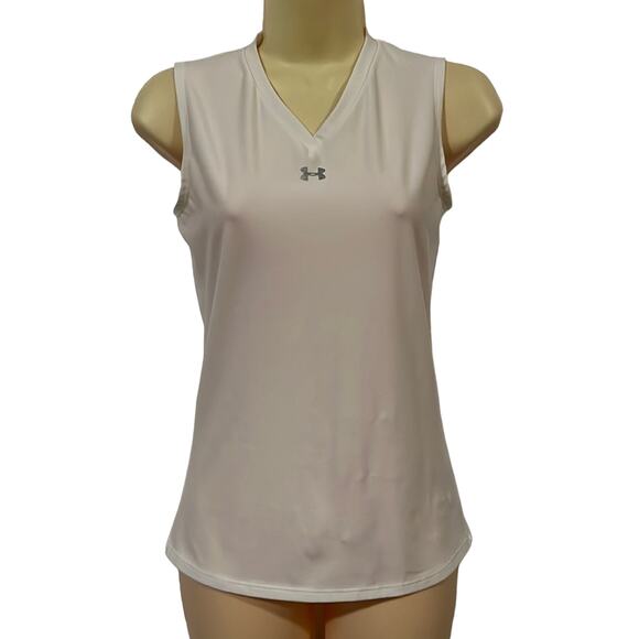 Under Armour White V-Neck Sleeveless Knit Top Summer Sports Tenniscore - Picture 1 of 9